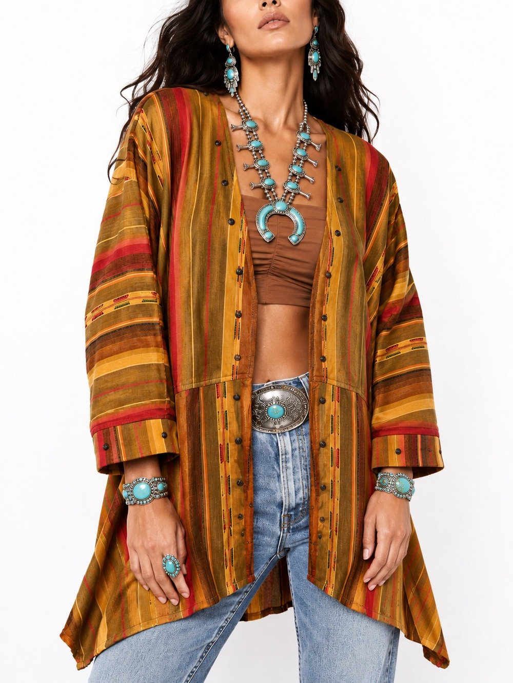 SILVERADO Southwestern Serape Puplem Waist Striped Open Front Western Jacket